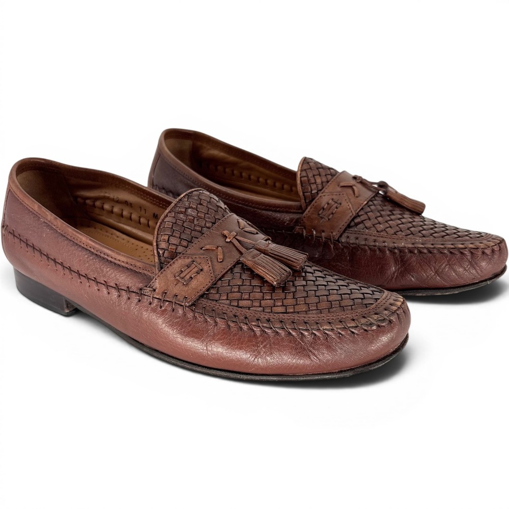 Brass Boot Brown Leather Loafers Men Size 11 M Woven Interlocking Tassel Slip On